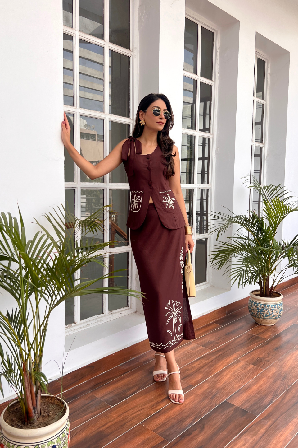 Women Linen Viscose Embroidered Brown Skirt Waistcoast Co-ord Set (Mocha Muse Set)