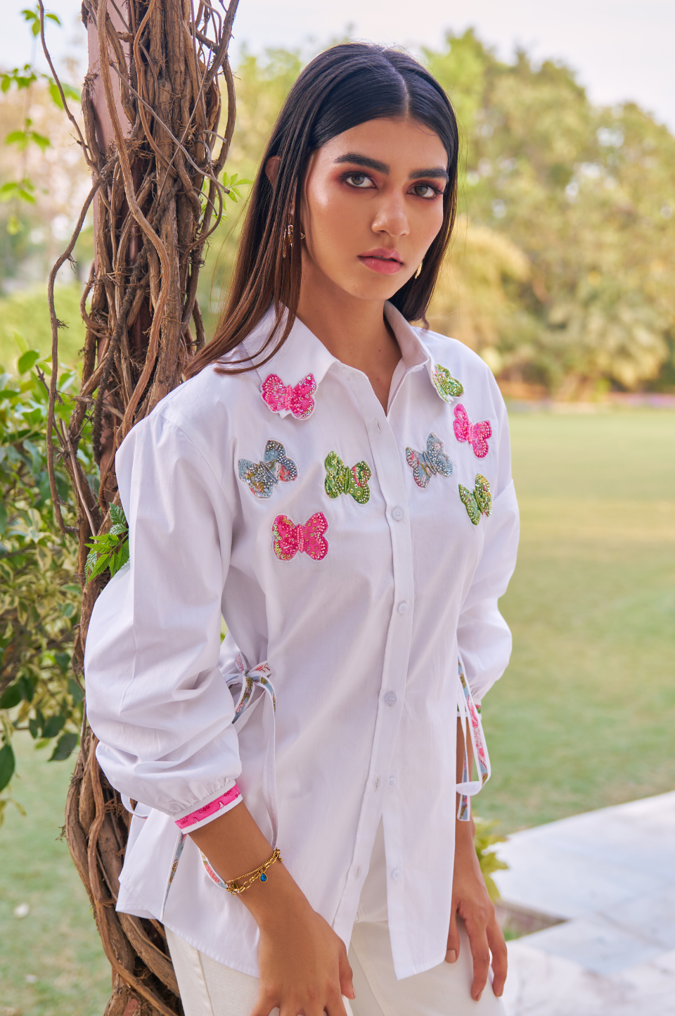 Women 100% Cotton White Embroidered Regular Fit Summer Shirt (Lana Shirt)