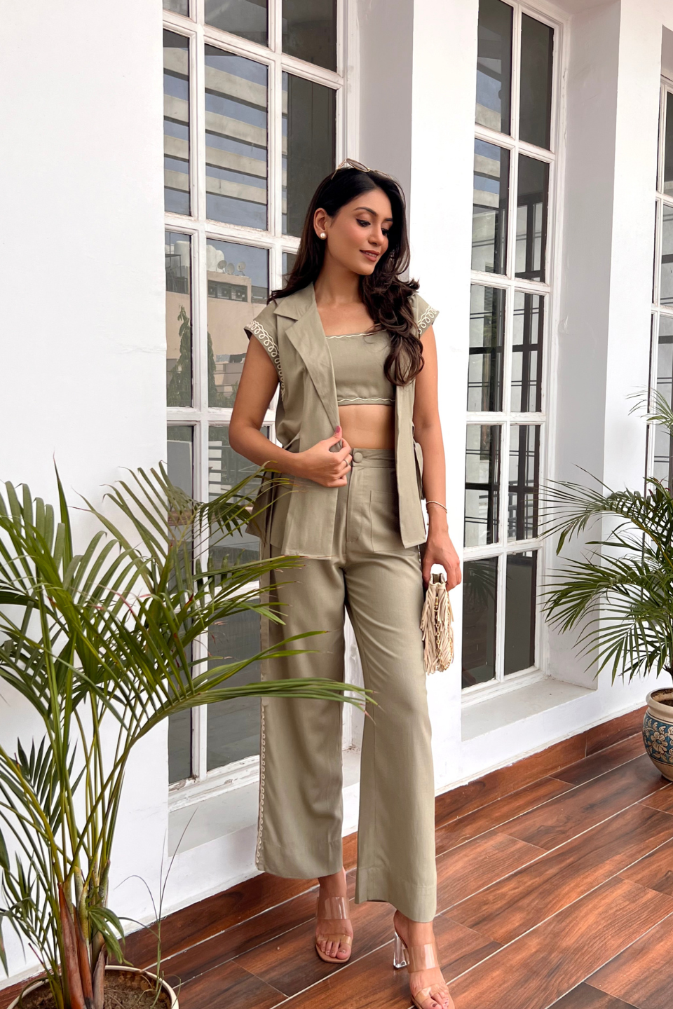 Women Cotton Linen Viscose Pastel Green 3 Piece Co-ord Set (Eden Co-ord Set)
