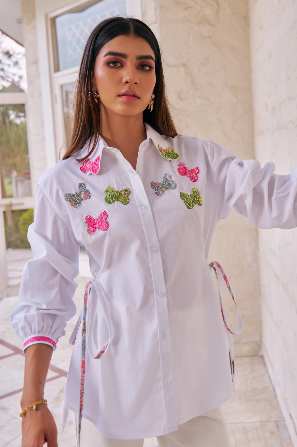 Women 100% Cotton White Embroidered Regular Fit Summer Shirt (Lana Shirt)