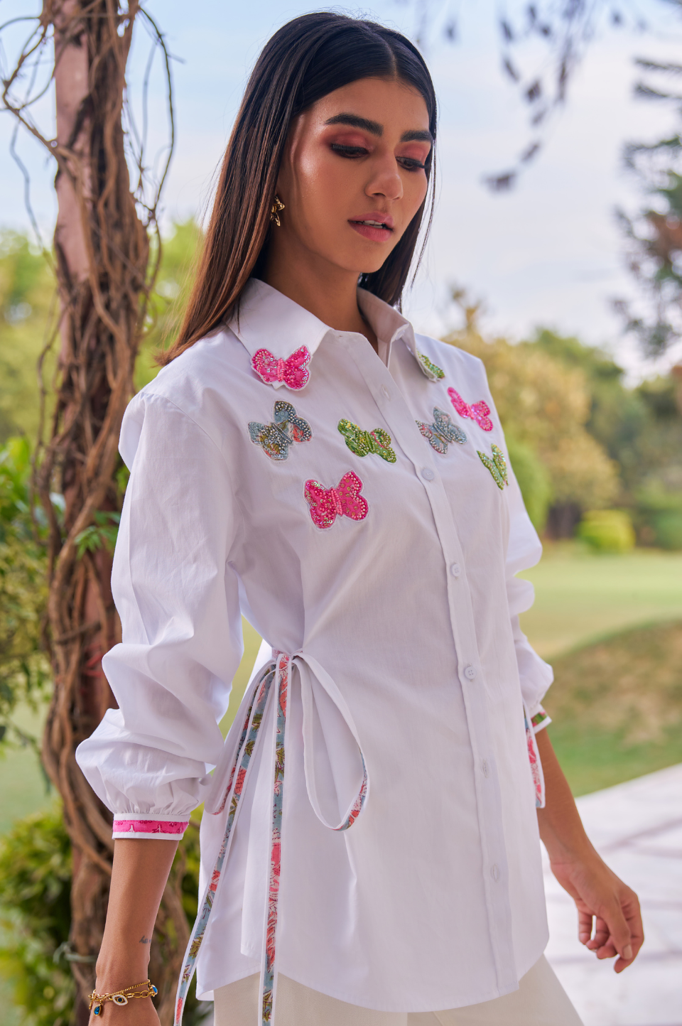 Women 100% Cotton White Embroidered Regular Fit Summer Shirt (Lana Shirt)