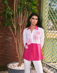 Women 100% Cotton White & Hot Pink Embroidered Regular Fit Summer Shirt (Strawberry Vanilla Shirt)