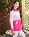 Women 100% Cotton White & Hot Pink Embroidered Regular Fit Summer Shirt (Strawberry Vanilla Shirt)