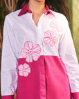 Women 100% Cotton White & Hot Pink Embroidered Regular Fit Summer Shirt (Strawberry Vanilla Shirt)