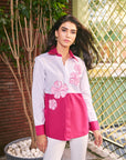 Women 100% Cotton White & Hot Pink Embroidered Regular Fit Summer Shirt (Strawberry Vanilla Shirt)