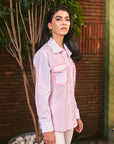 Women 100% Cotton White & Baby Pink Sequins Regular Fit Summer Shirt (Blush Whisper Shirt)