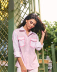 Women 100% Cotton White & Baby Pink Sequins Regular Fit Summer Shirt (Blush Whisper Shirt)