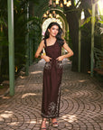Women 100% Linen Viscose Embroidered Brown Skirt Waistcoast Co-ord Set (Mocha Muse Set)