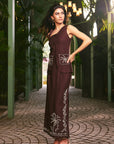 Women 100% Linen Viscose Embroidered Brown Skirt Waistcoast Co-ord Set (Mocha Muse Set)