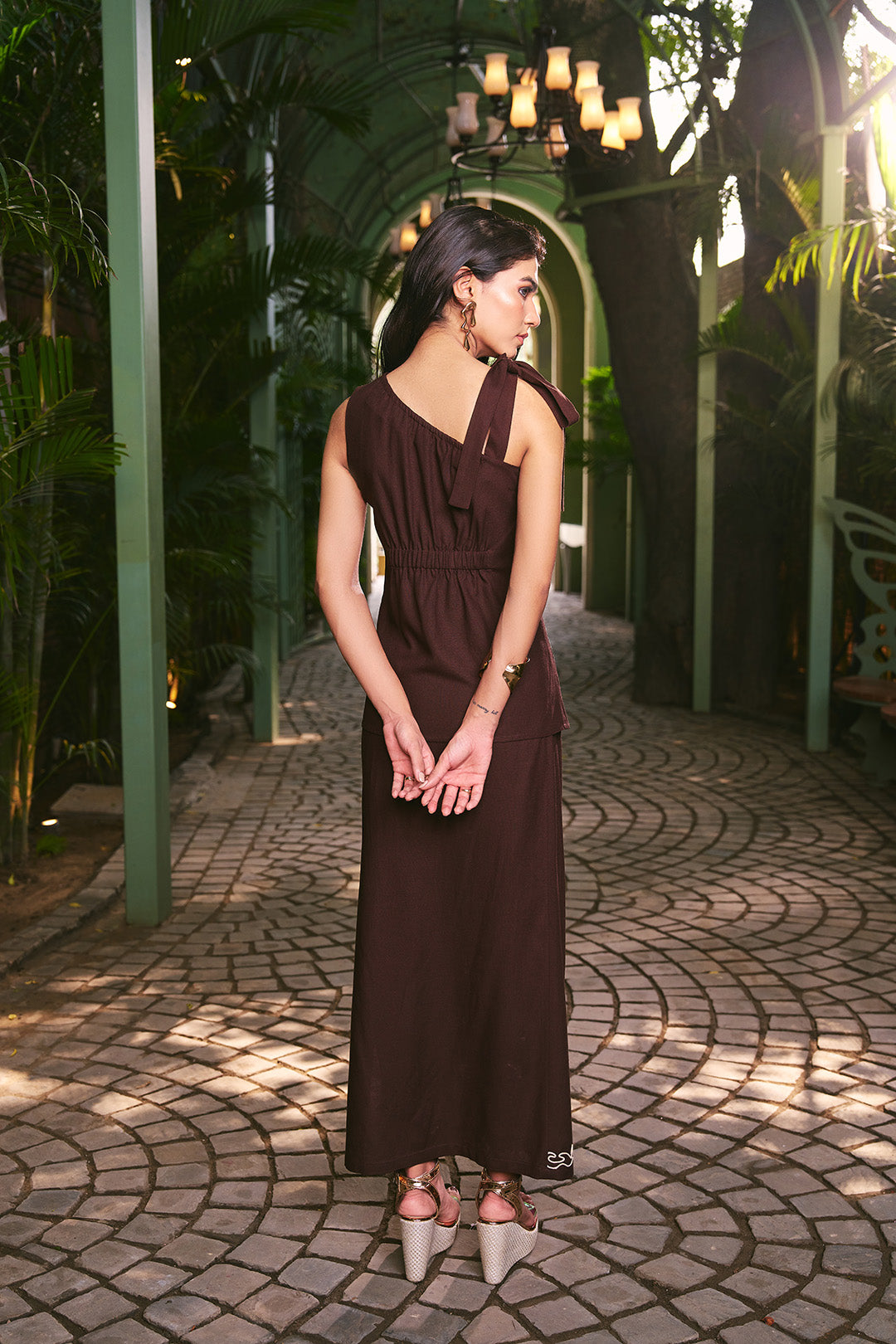 Women 100% Linen Viscose Embroidered Brown Skirt Waistcoast Co-ord Set (Mocha Muse Set)