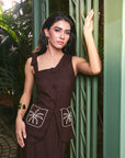 Women 100% Linen Viscose Embroidered Brown Skirt Waistcoast Co-ord Set (Mocha Muse Set)