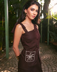 Women 100% Linen Viscose Embroidered Brown Skirt Waistcoast Co-ord Set (Mocha Muse Set)