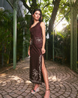 Women 100% Linen Viscose Embroidered Brown Skirt Waistcoast Co-ord Set (Mocha Muse Set)