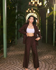 Women Cotton Linen Viscose 2 Piece Blazer Tousers Co-ord Set (Bronze Co-ord Set)