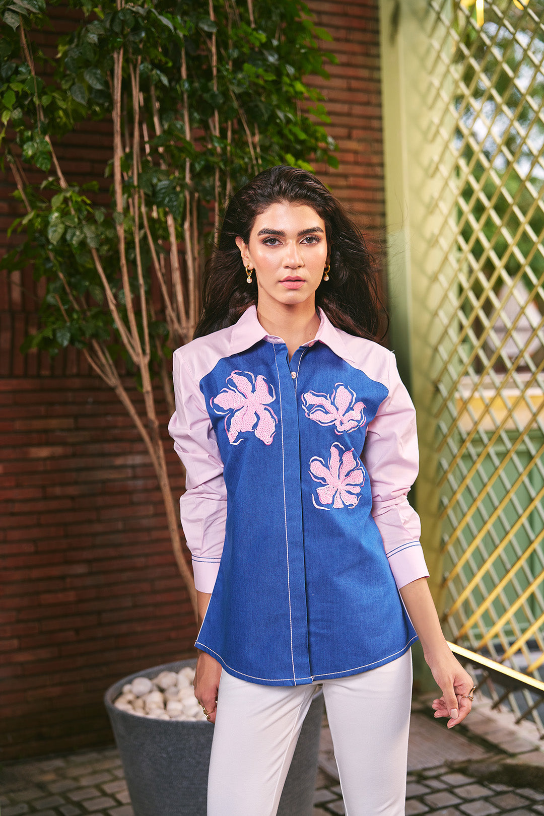 Women 100% Cotton Denim & Pink Embroidered Regular Fit Summer Shirt (Desert Rose Shirt)