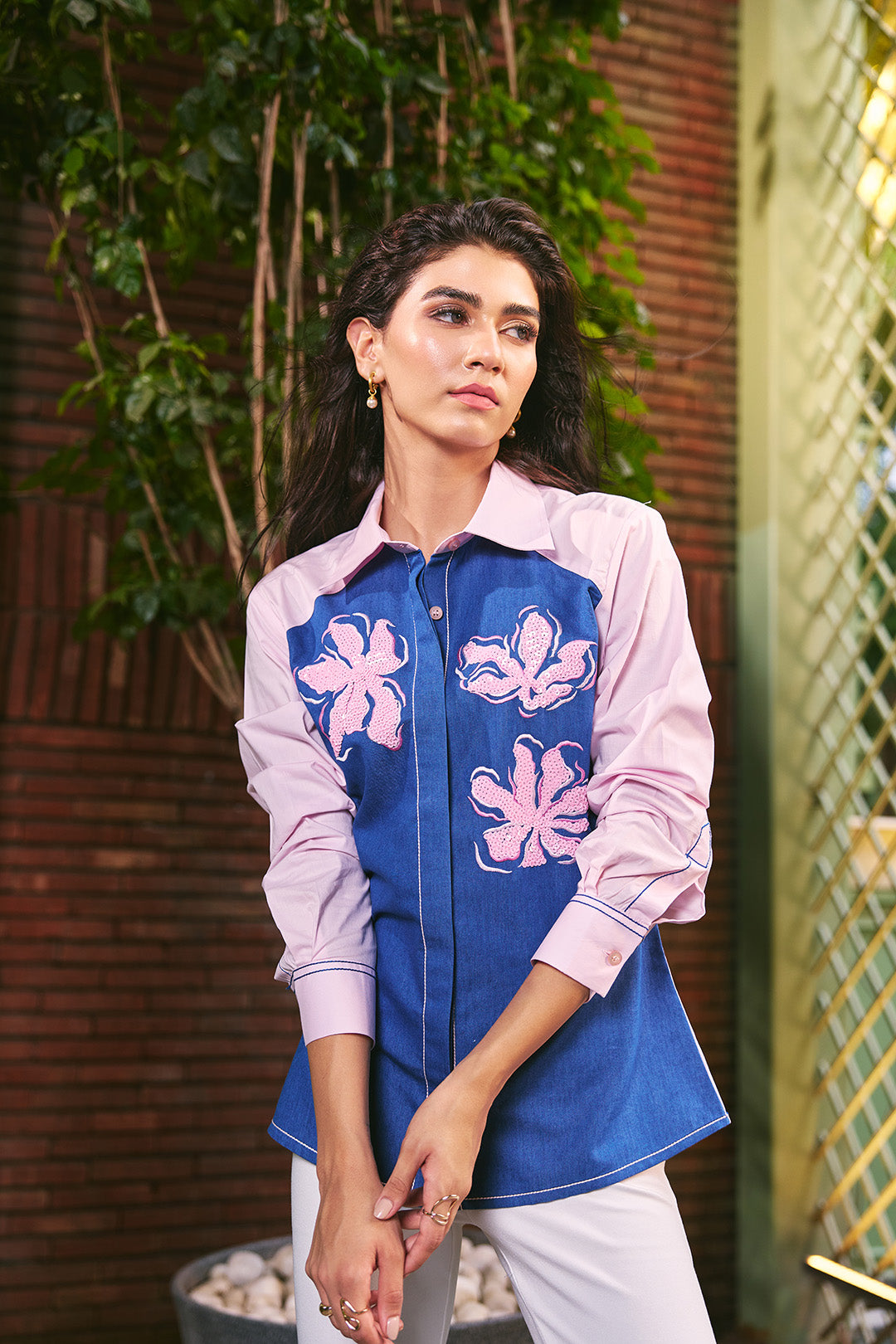 Women 100% Cotton Denim & Pink Embroidered Regular Fit Summer Shirt (Desert Rose Shirt)