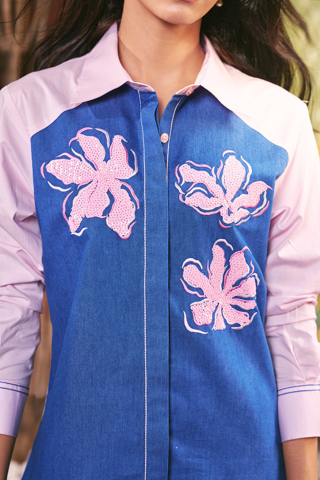 Women 100% Cotton Denim & Pink Embroidered Regular Fit Summer Shirt (Desert Rose Shirt)