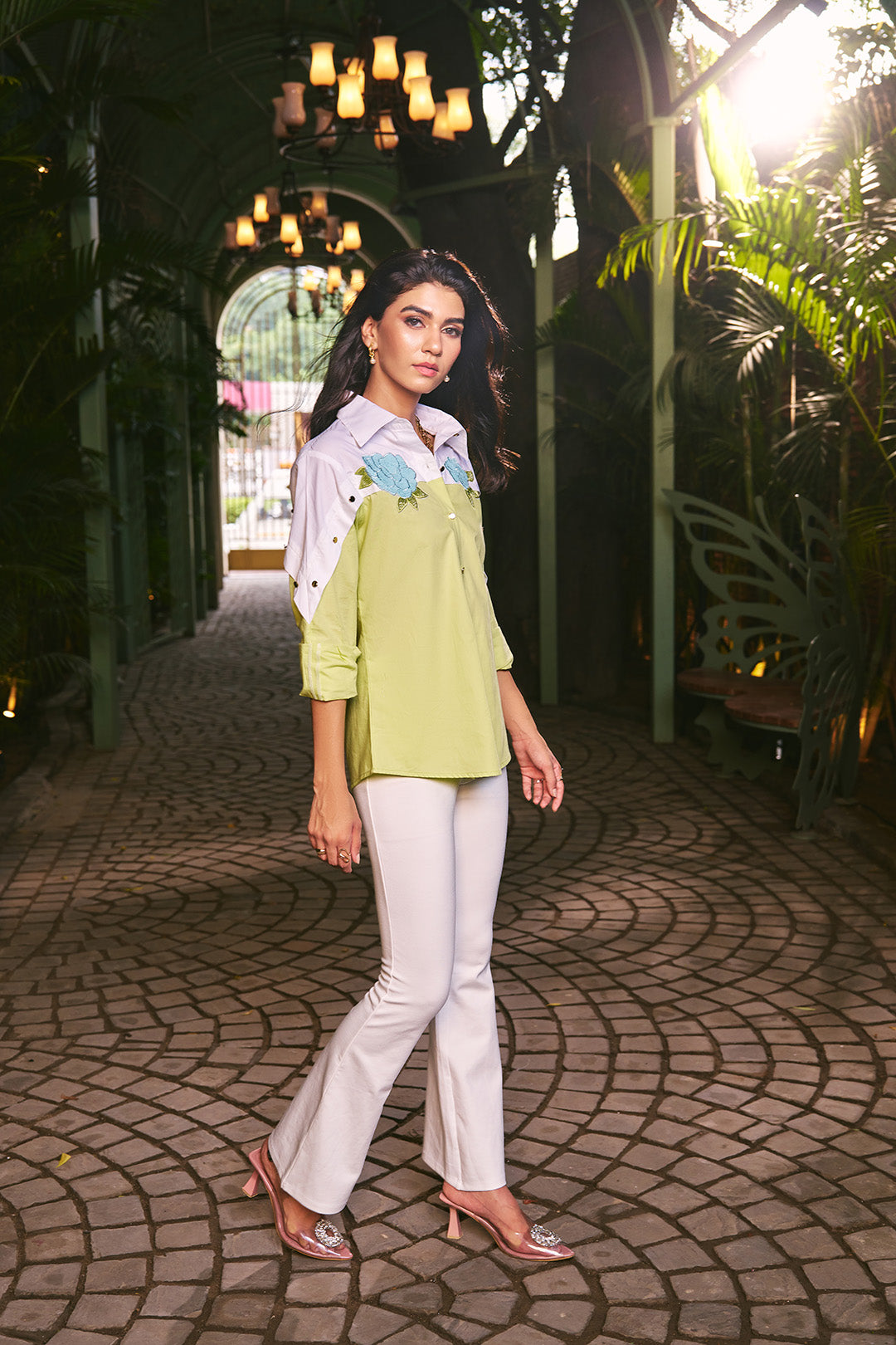 Women 100% Cotton White & Lim Green Embroidered Regular Fit Summer Shirt (Matcha Shirt)