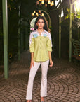 Women 100% Cotton White & Lim Green Embroidered Regular Fit Summer Shirt (Matcha Shirt)