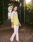 Women 100% Cotton White & Lim Green Embroidered Regular Fit Summer Shirt (Matcha Shirt)