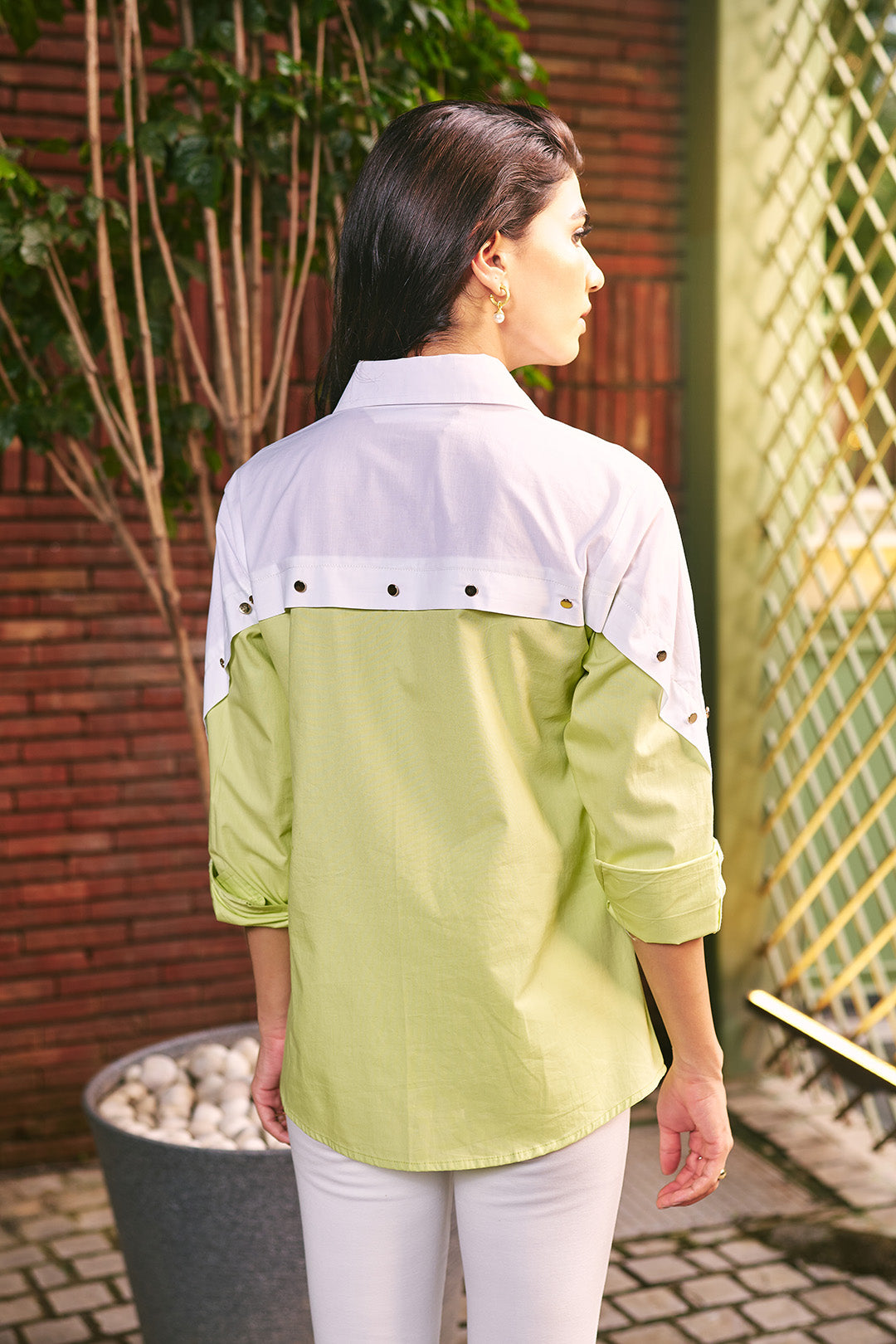 Women 100% Cotton White & Lim Green Embroidered Regular Fit Summer Shirt (Matcha Shirt)