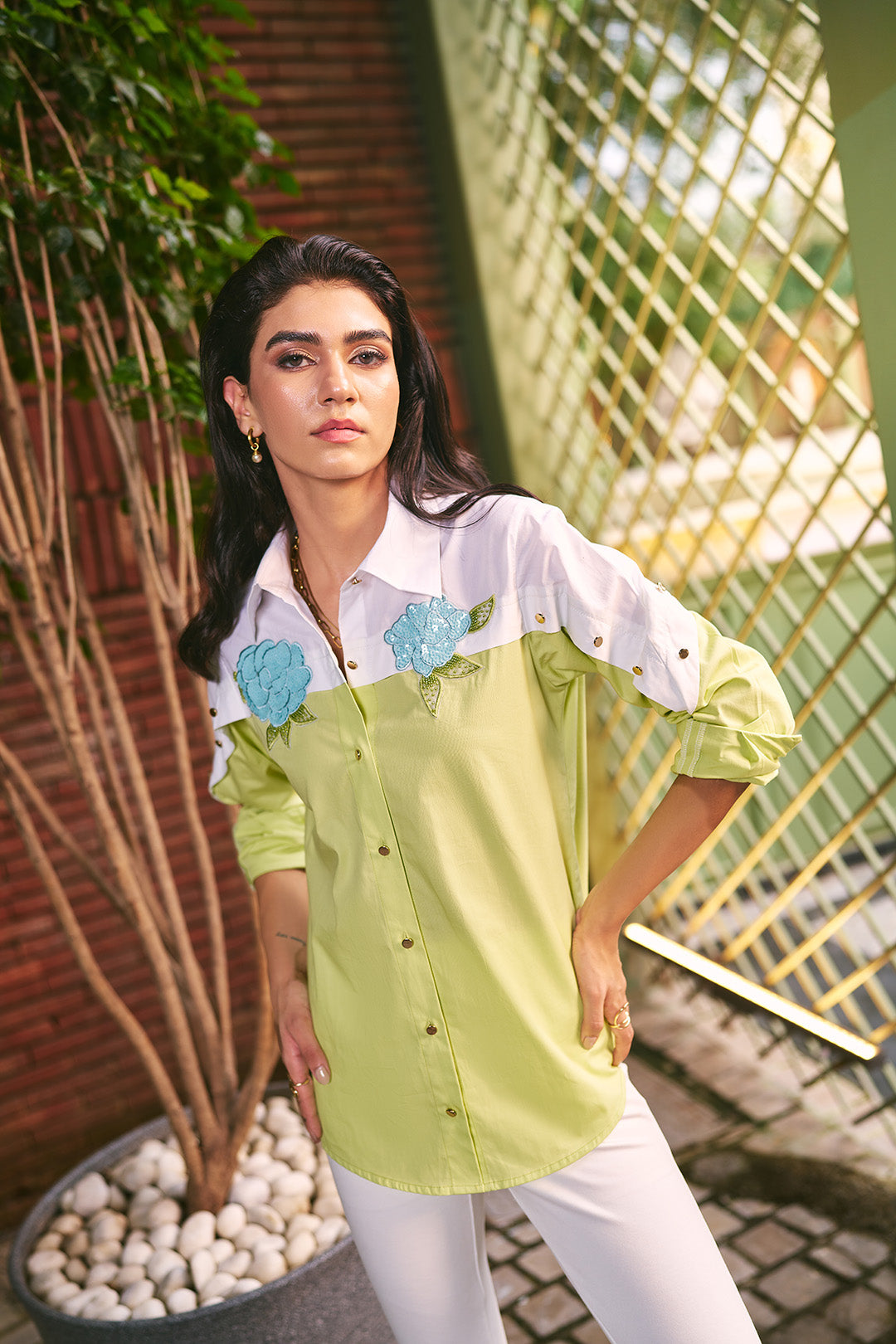 Women 100% Cotton White & Lim Green Embroidered Regular Fit Summer Shirt (Matcha Shirt)