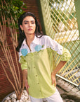 Women 100% Cotton White & Lim Green Embroidered Regular Fit Summer Shirt (Matcha Shirt)