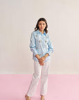 Women Light Blue Cotton Regular Fit Shirt with Flower Motifs and Faux Pearl Details Tania Shirt