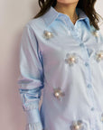 Women Light Blue Cotton Regular Fit Shirt with Flower Motifs and Faux Pearl Details Tania Shirt
