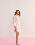 Women White Cotton Asymmetrical Shirt Dress with Embroidered Lace Detailing Amira Dress