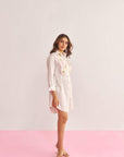 Women White Cotton Asymmetrical Shirt Dress with Embroidered Lace Detailing Amira Dress
