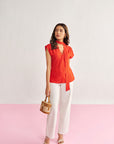 Women Red Top with Lace Detailing and Detachable Scarf Jenny Top