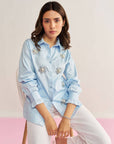Women Light Blue Cotton Regular Fit Shirt with Flower Motifs and Faux Pearl Details Tania Shirt