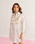 Women White Cotton Asymmetrical Shirt Dress with Embroidered Lace Detailing Amira Dress