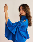 Women Electric Blue Cotton Regular Fit Shirt with Ruffle Sleeves Denise Shirt