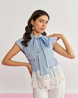 Women Striped Blue Regular Fit Pleated Top with Lace and Scallop Detailing Vanessa Top