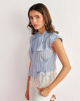 Women Striped Blue Regular Fit Pleated Top with Lace and Scallop Detailing Vanessa Top