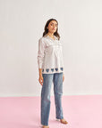 Women White Cotton Regular Fit Shirt with Embellished Heart Cut - Outs Veronica Shirt