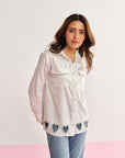 Women White Cotton Regular Fit Shirt with Embellished Heart Cut - Outs Veronica Shirt