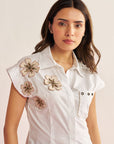 Women 100% Cotton White Applique Embroidered Regular Fit Summer Shirt Sandstone Shirt