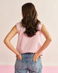 Women Pink Denim Waist Coat with Embellished Flower Cut Outs Rose Waistcoat
