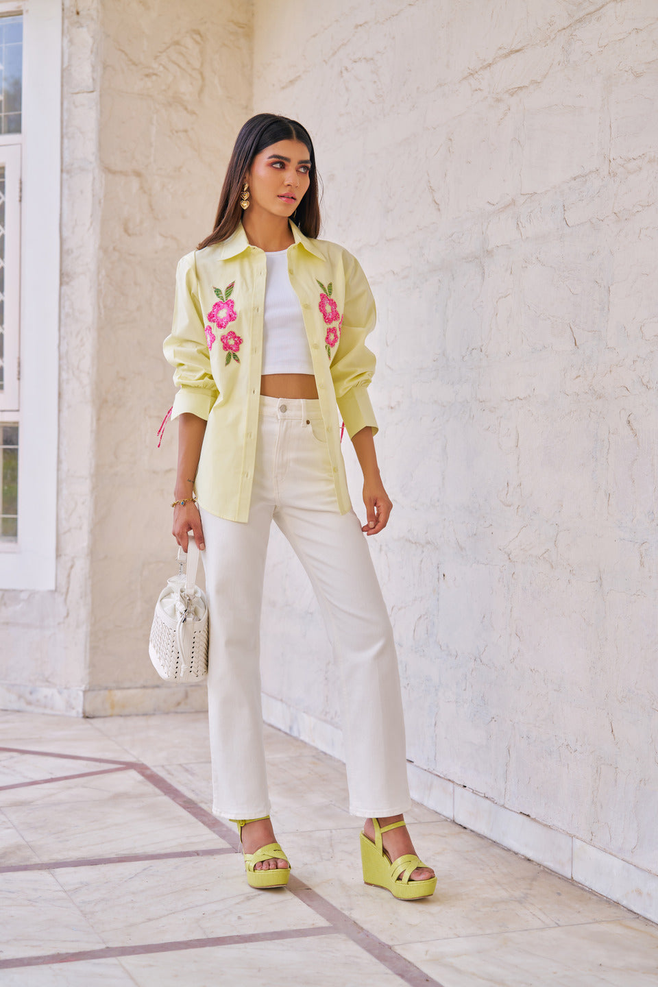 Women 100% Cotton Butter Yellow Embroidered Regular Fit Summer Shirt  (Rae Shirt)