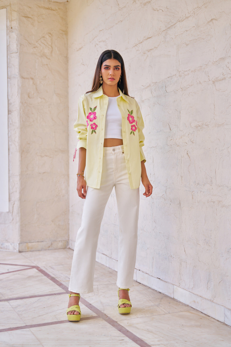 Women 100% Cotton Butter Yellow Embroidered Regular Fit Summer Shirt  (Rae Shirt)