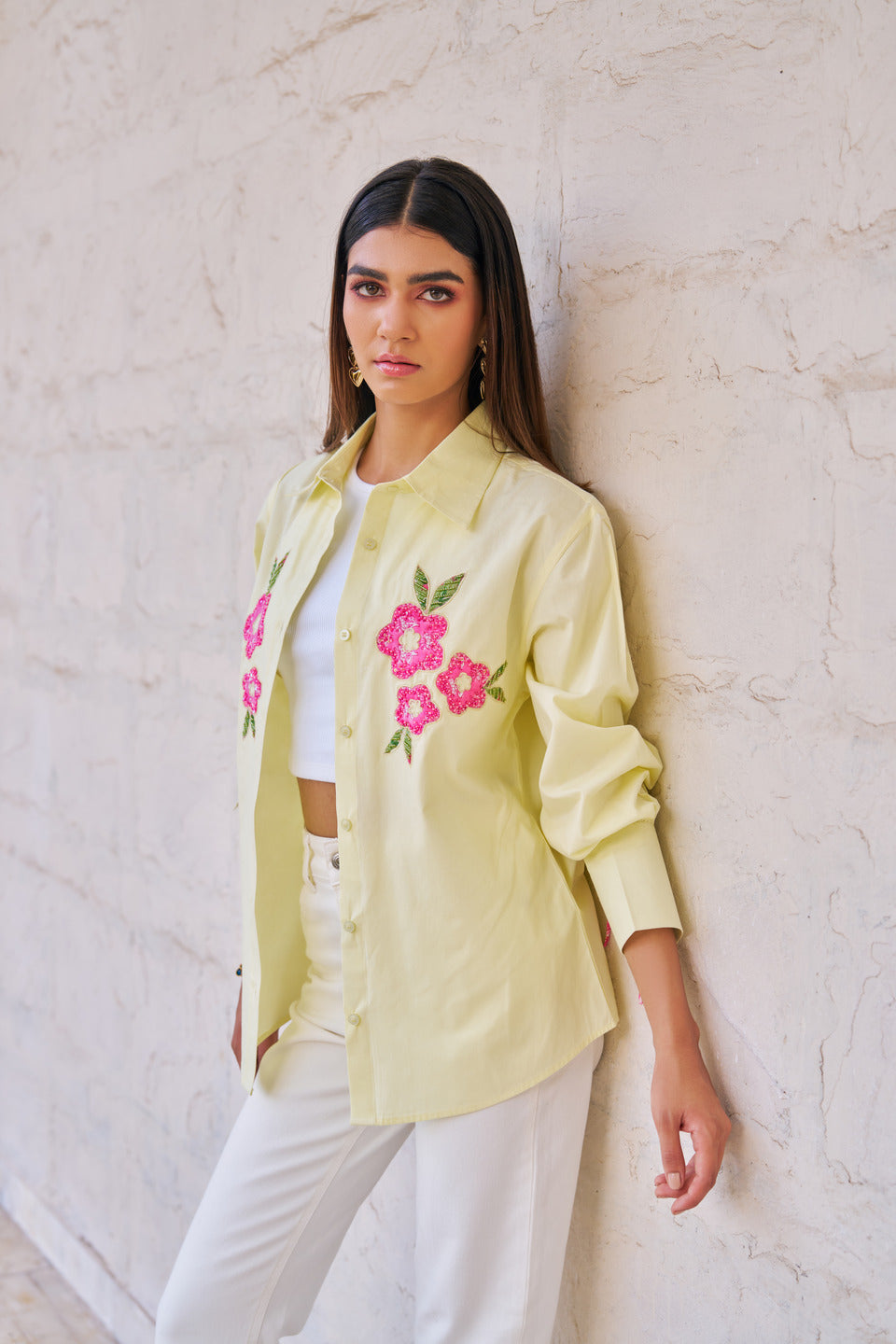 Women 100% Cotton Butter Yellow Embroidered Regular Fit Summer Shirt  (Rae Shirt)