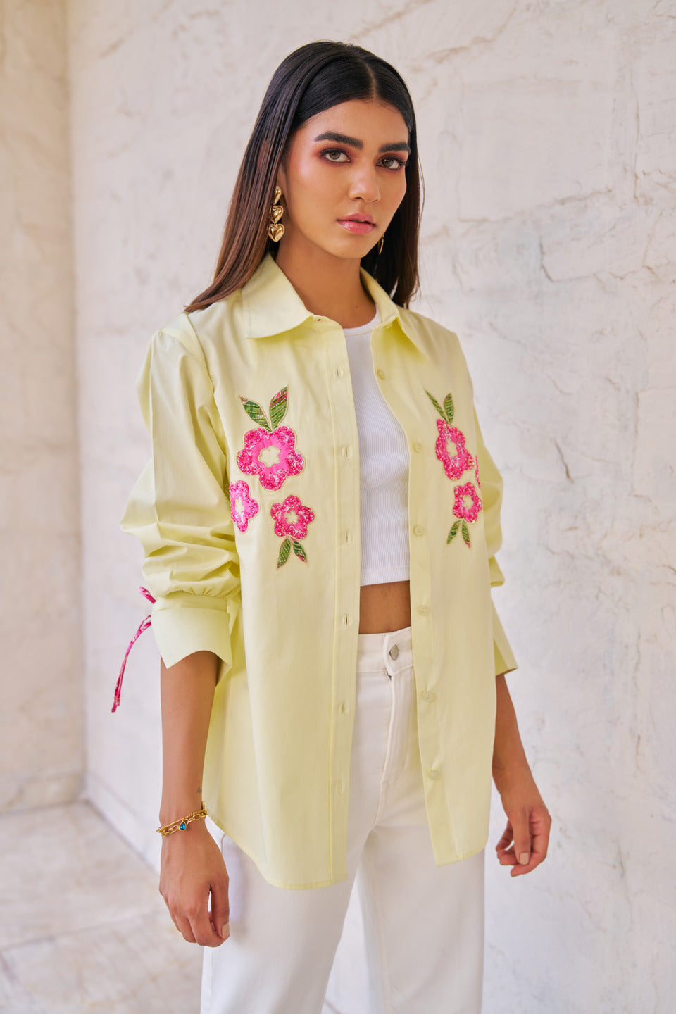 Women 100% Cotton Butter Yellow Embroidered Regular Fit Summer Shirt  (Rae Shirt)