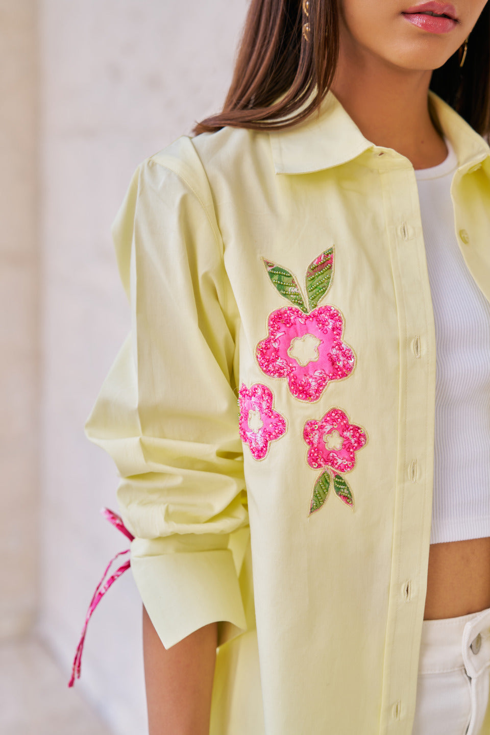 Women 100% Cotton Butter Yellow Embroidered Regular Fit Summer Shirt  (Rae Shirt)