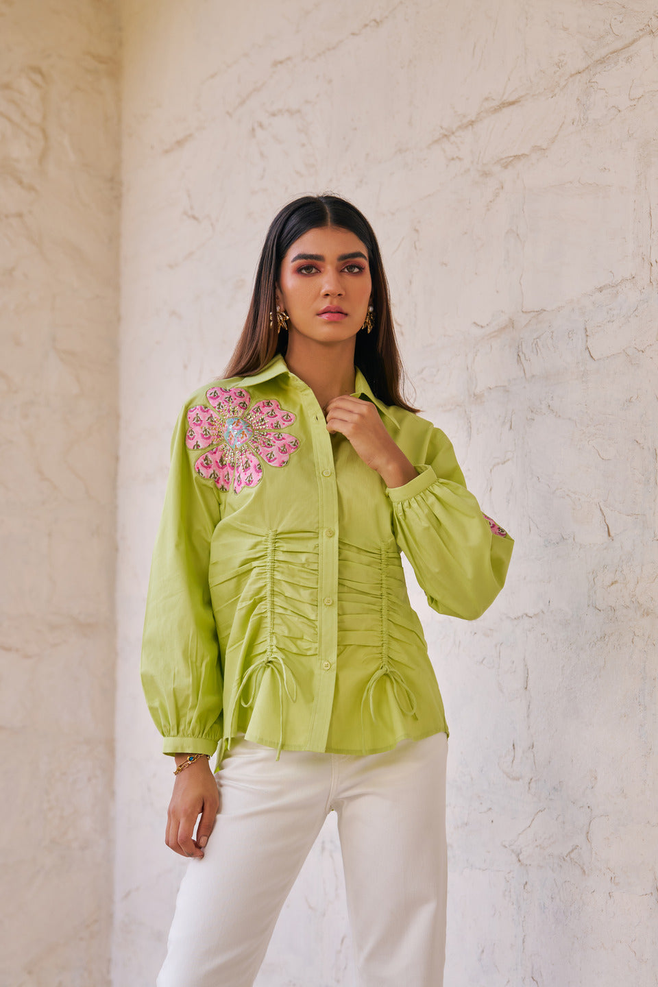Women 100% Cotton Green Embroidered Regular Fit Summer Shirt (Kate Shirt)