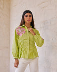 Women 100% Cotton Green Embroidered Regular Fit Summer Shirt (Kate Shirt)