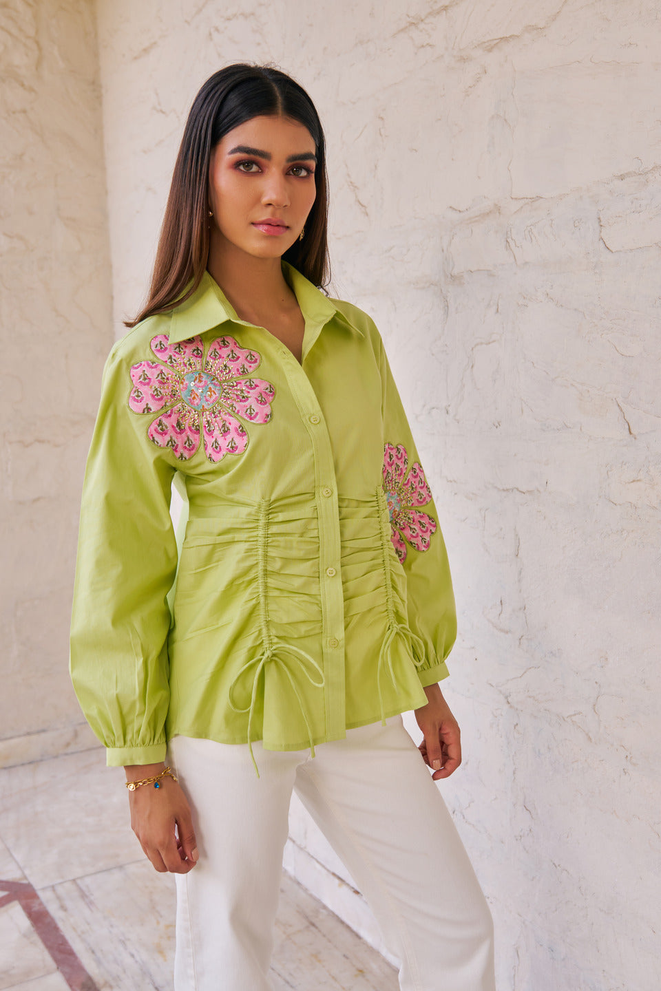 Women 100% Cotton Green Embroidered Regular Fit Summer Shirt (Kate Shirt)