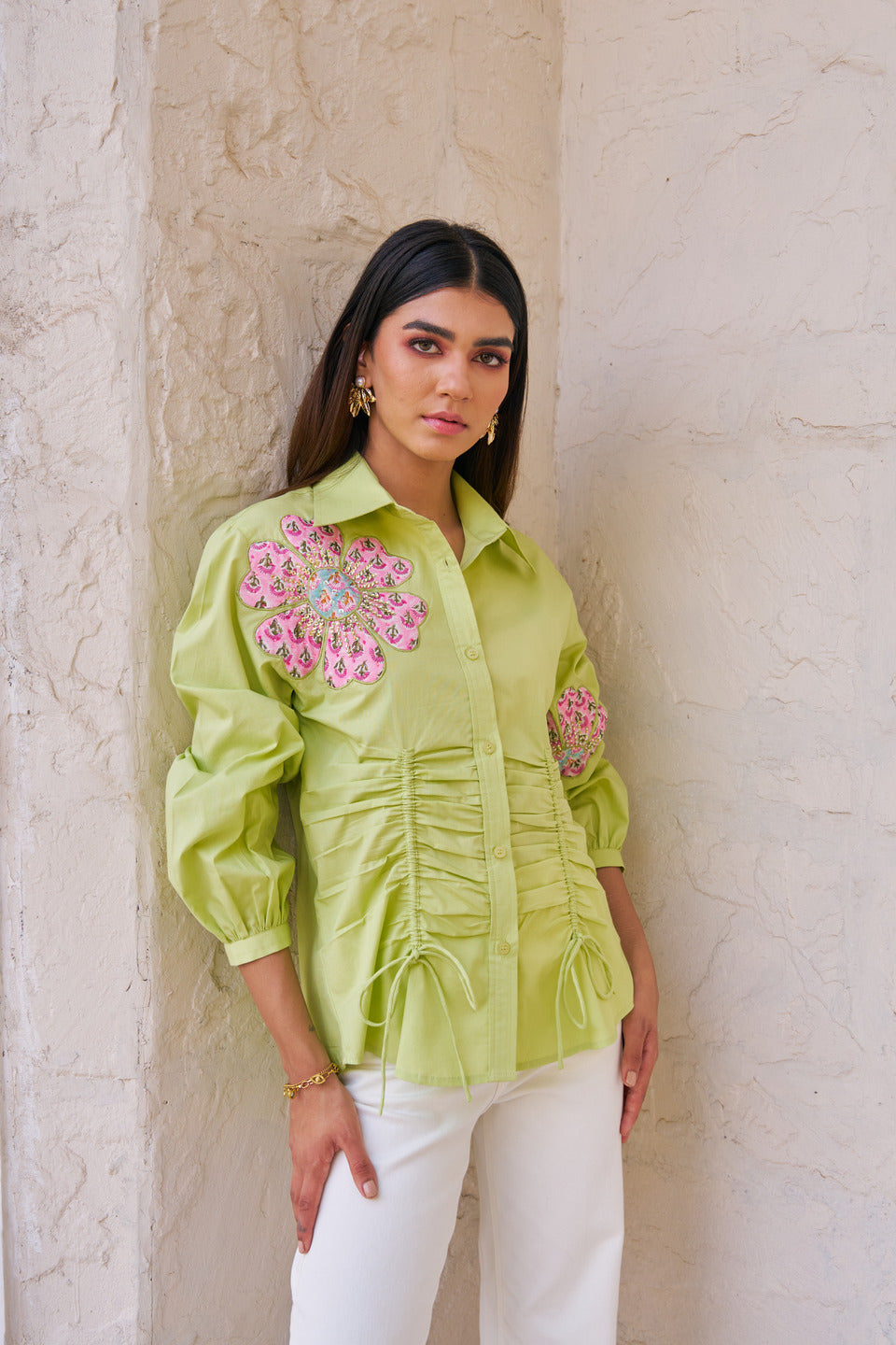 Women 100% Cotton Green Embroidered Regular Fit Summer Shirt (Kate Shirt)